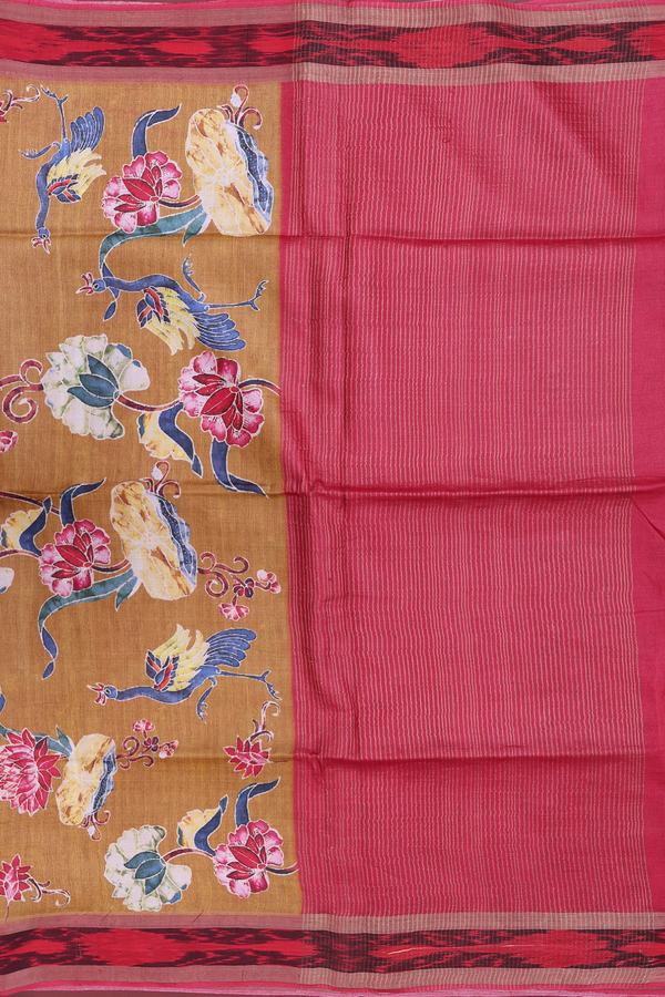 Tussar Silk Saree In Golden Brown With Peacock Printed Design