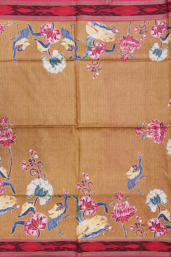 Tussar Silk Saree In Golden Brown With Peacock Printed Design