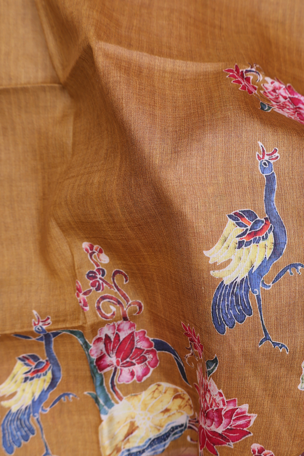 Tussar Silk Saree In Golden Brown With Peacock Printed Design