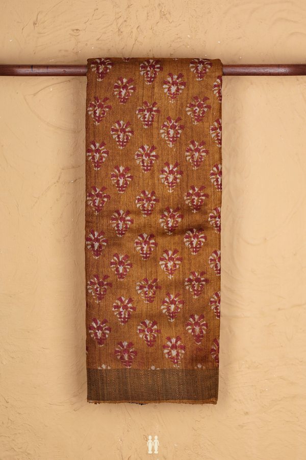 Tussar Silk Saree In Golden Brown With Printed Design