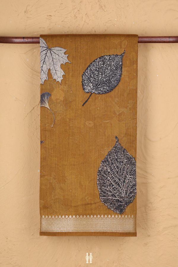 Tussar Silk Saree In Golden Brown With Printed Design