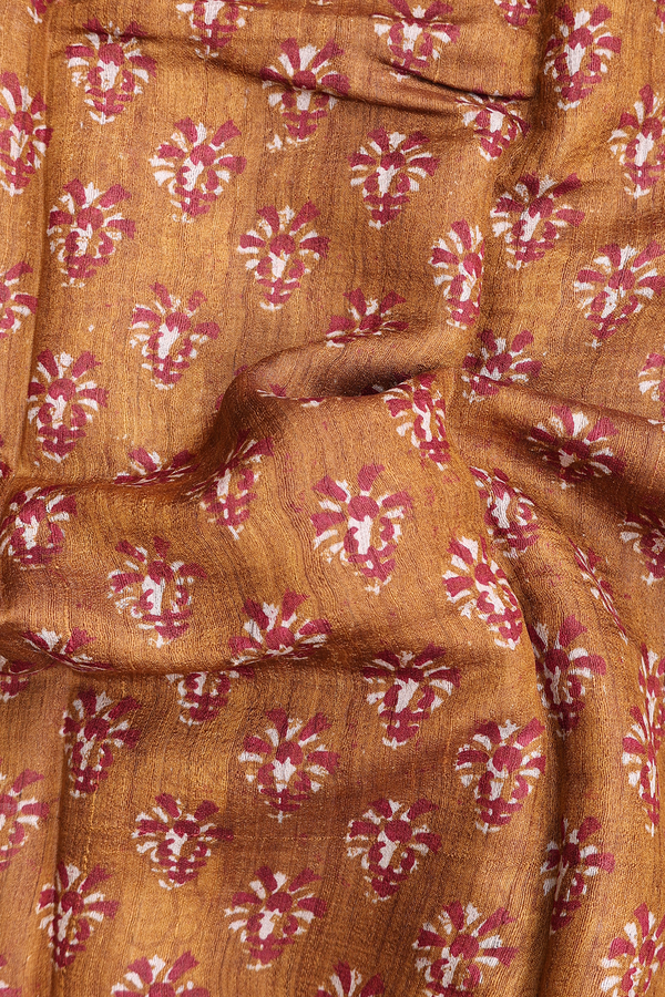 Tussar Silk Saree In Golden Brown With Printed Design