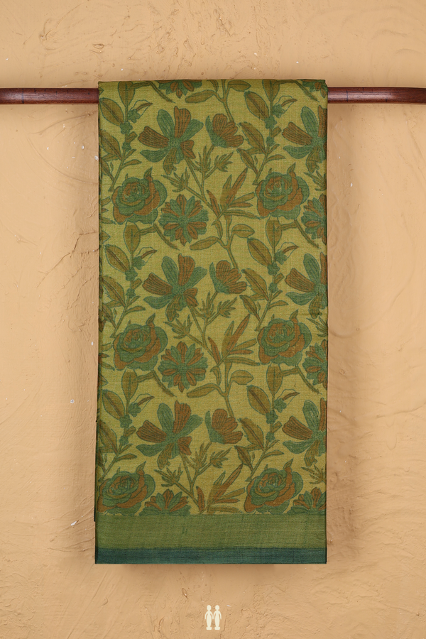 Tussar Silk Saree In Golden Olive With Floral Design
