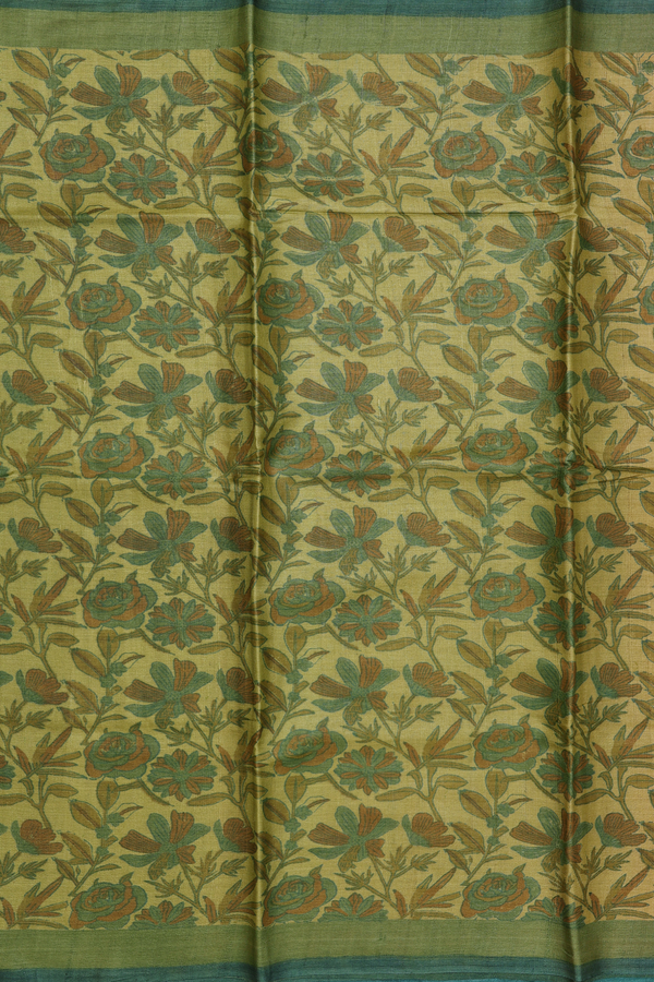 Tussar Silk Saree In Golden Olive With Floral Design