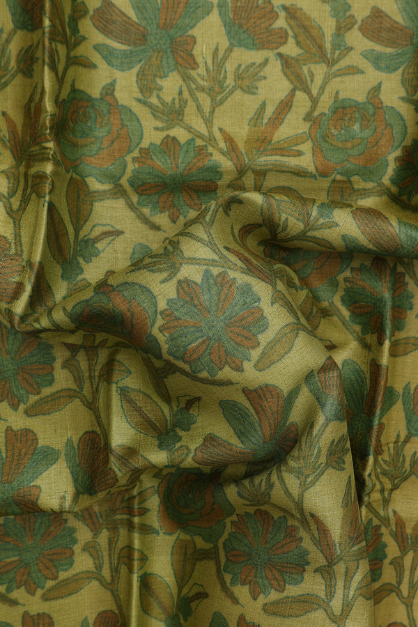 Tussar Silk Saree In Golden Olive With Floral Design