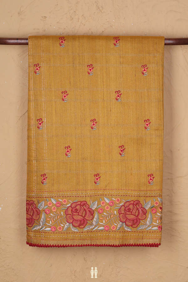 Tussar Silk Saree In Golden Yellow With Floral Buttas