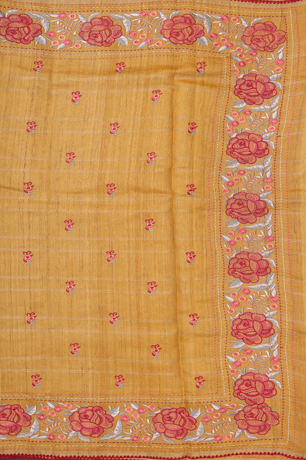 Tussar Silk Saree In Golden Yellow With Floral Buttas