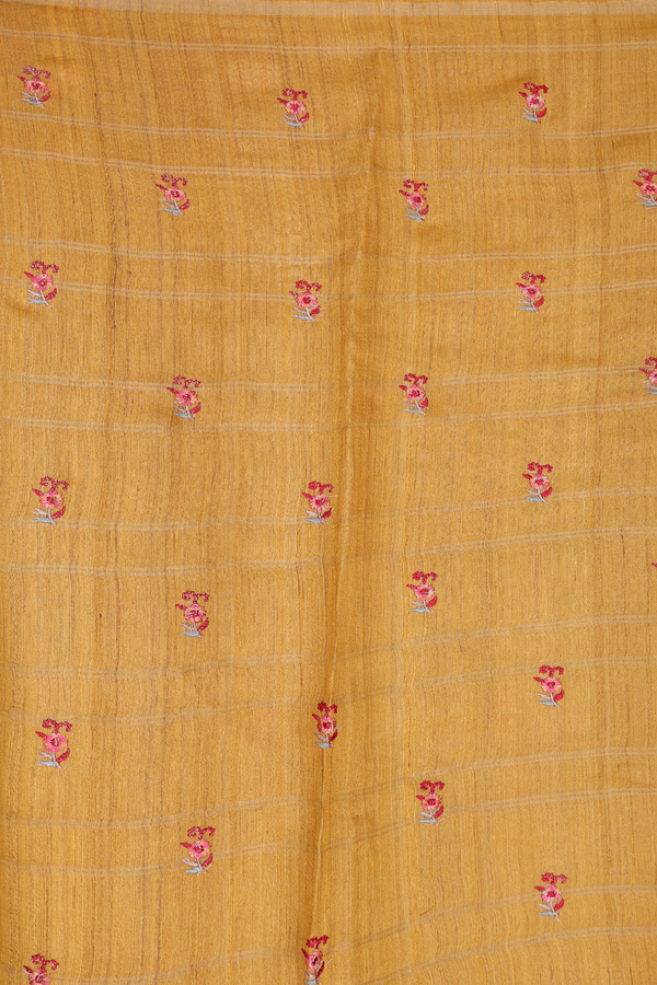 Tussar Silk Saree In Golden Yellow With Floral Buttas
