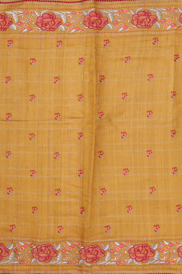 Tussar Silk Saree In Golden Yellow With Floral Buttas