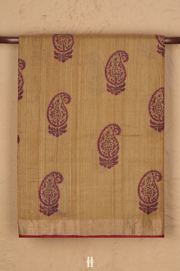 Tussar Silk Saree In Golden Yellow With Paisley Design