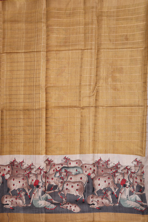 Tussar Silk Saree In Golden Yellow With Stripes Design