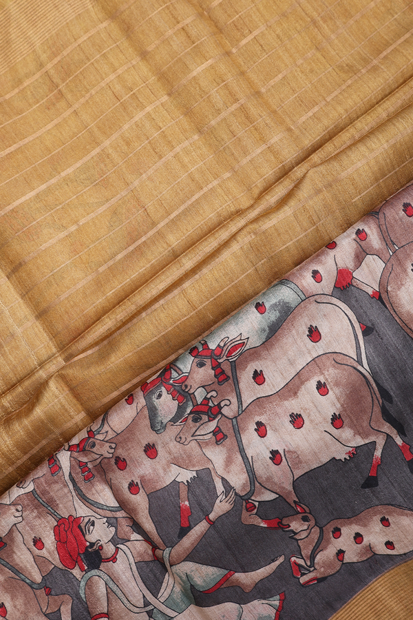 Tussar Silk Saree In Golden Yellow With Stripes Design