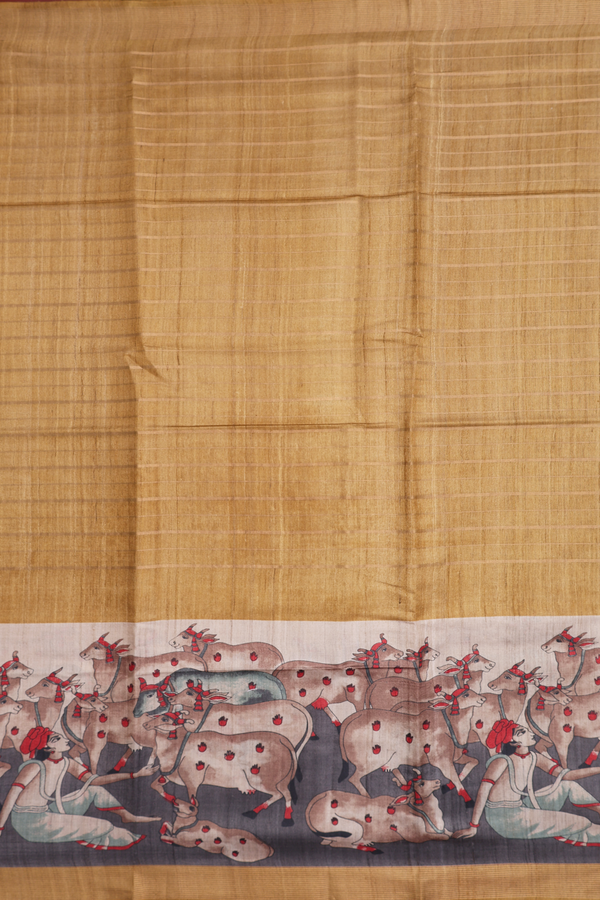 Tussar Silk Saree In Golden Yellow With Stripes Design