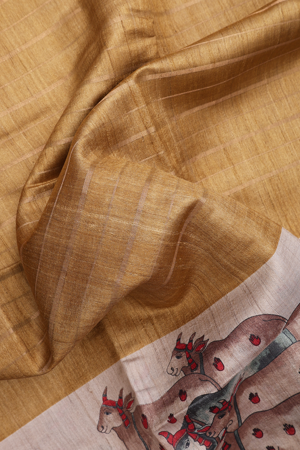 Tussar Silk Saree In Golden Yellow With Stripes Design