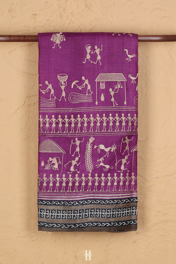 Tussar Silk Saree In Grape Purple With Warli Embroidered Design