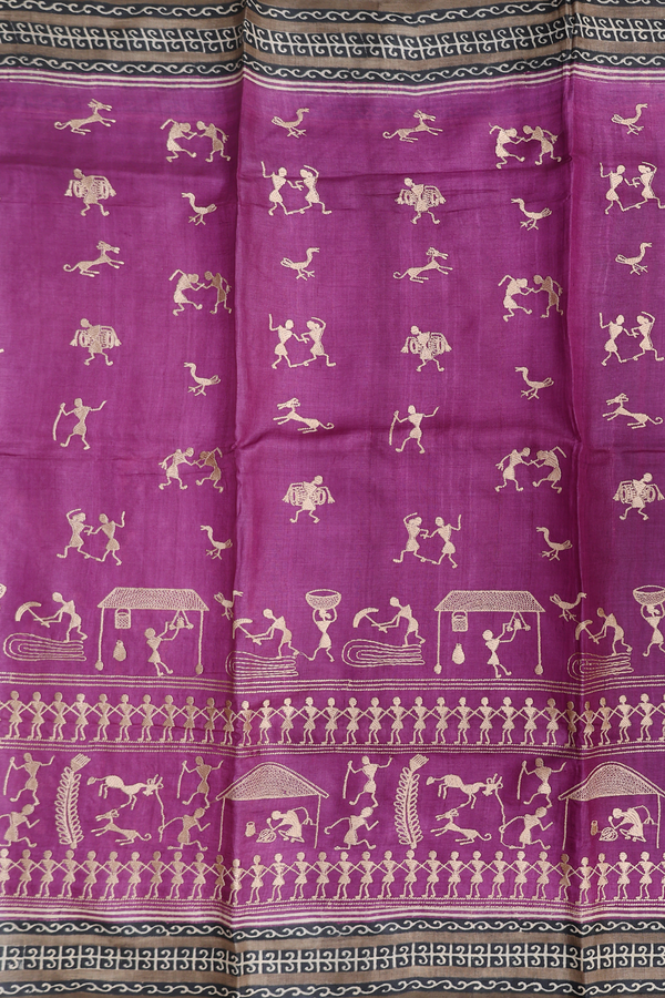 Tussar Silk Saree In Grape Purple With Warli Embroidered Design