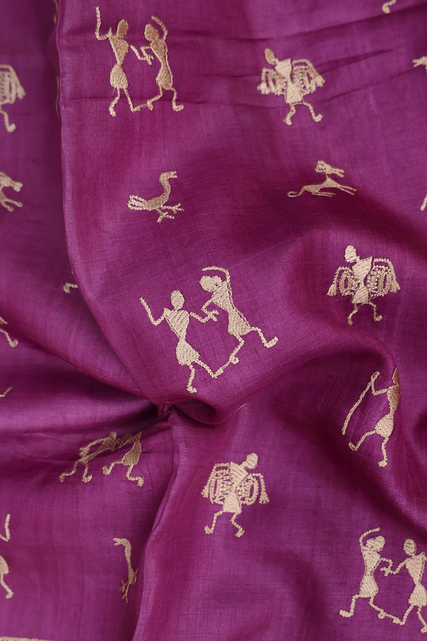 Tussar Silk Saree In Grape Purple With Warli Embroidered Design