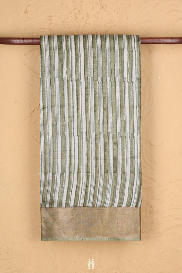 Tussar Silk Saree In Green And Beige With Stripes Design