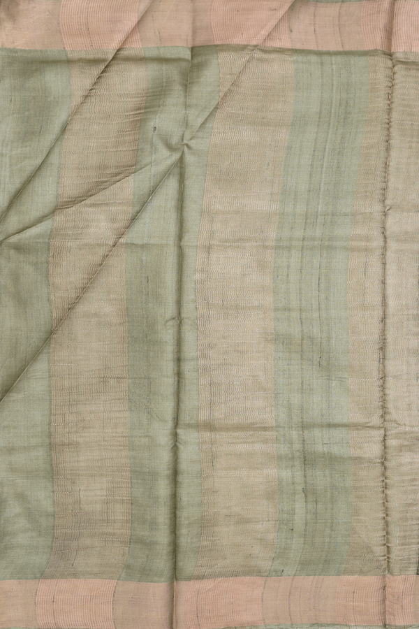 Tussar Silk Saree In Green And Beige With Stripes Design