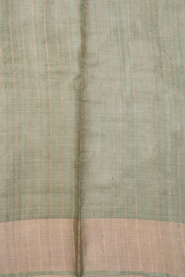 Tussar Silk Saree In Green And Beige With Stripes Design