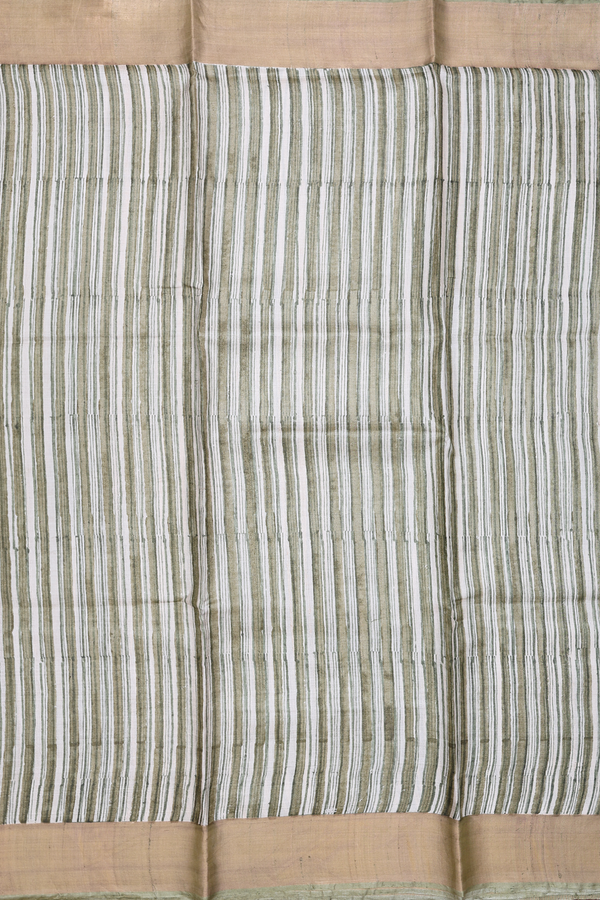 Tussar Silk Saree In Green And Beige With Stripes Design