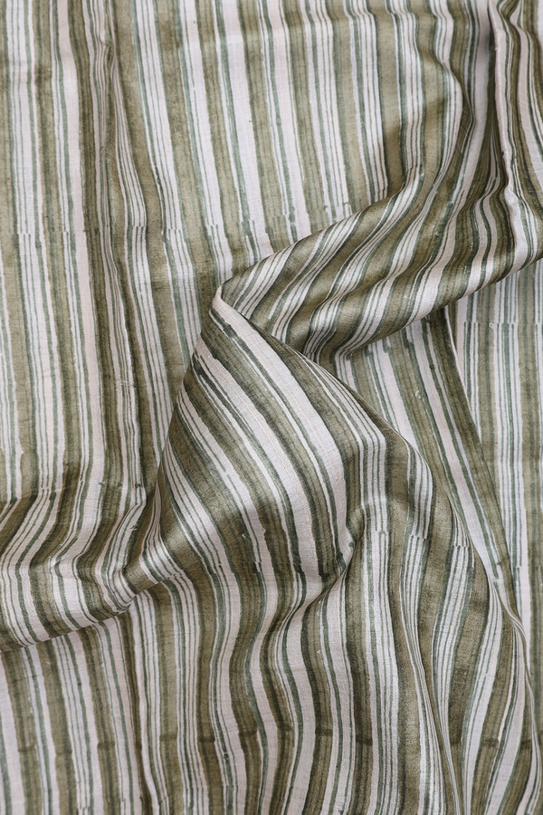 Tussar Silk Saree In Green And Beige With Stripes Design