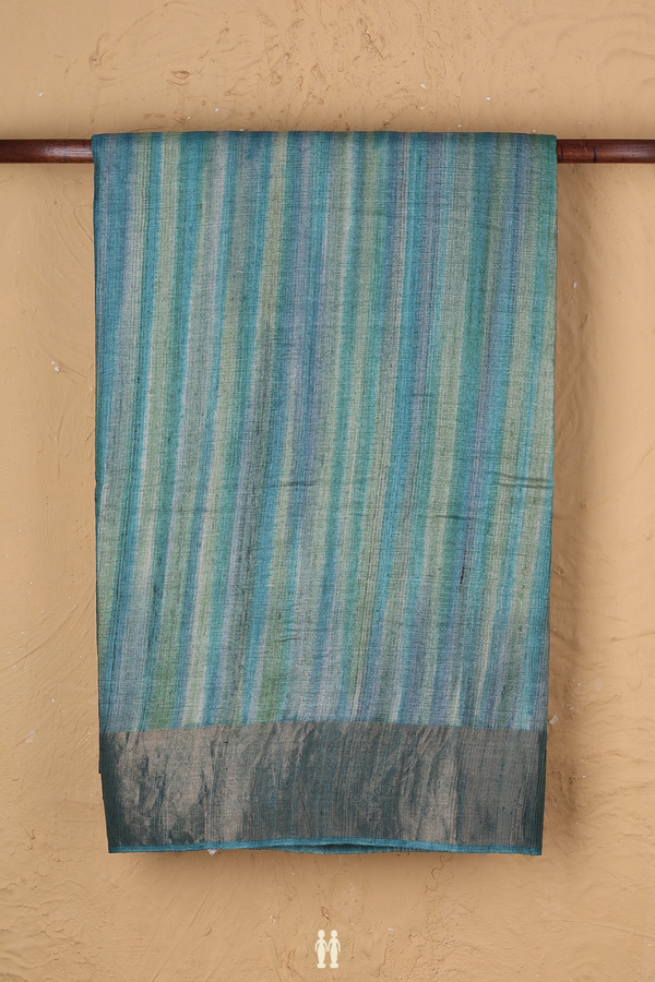 Tussar Silk Saree In Green And Blue With Stripes Design