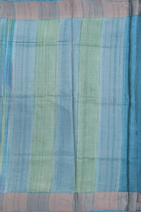 Tussar Silk Saree In Green And Blue With Stripes Design