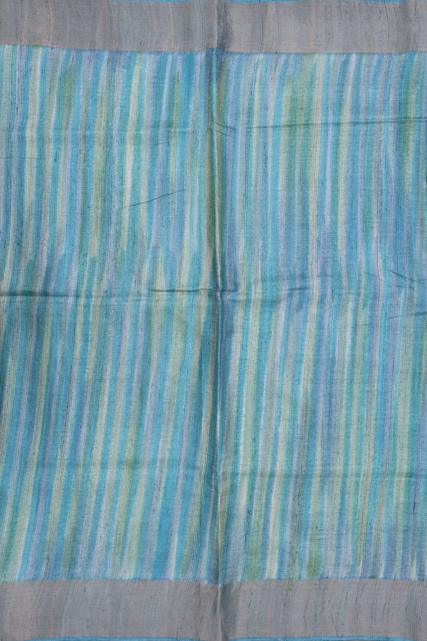 Tussar Silk Saree In Green And Blue With Stripes Design