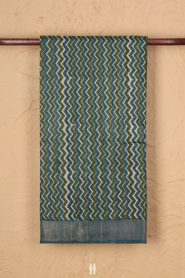 Tussar Silk Saree In Green And Cream With Chevron Design