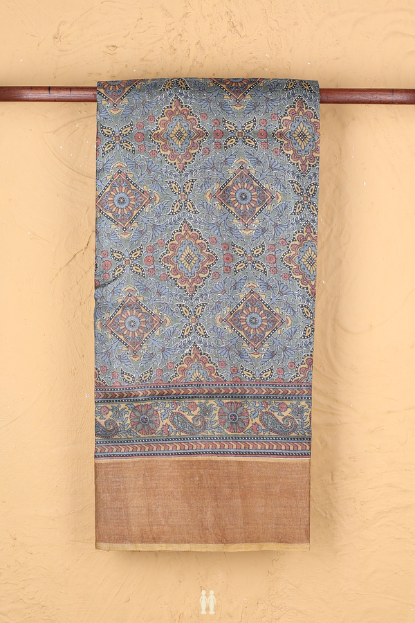 Tussar Silk Saree In Green And Grey Printed Design
