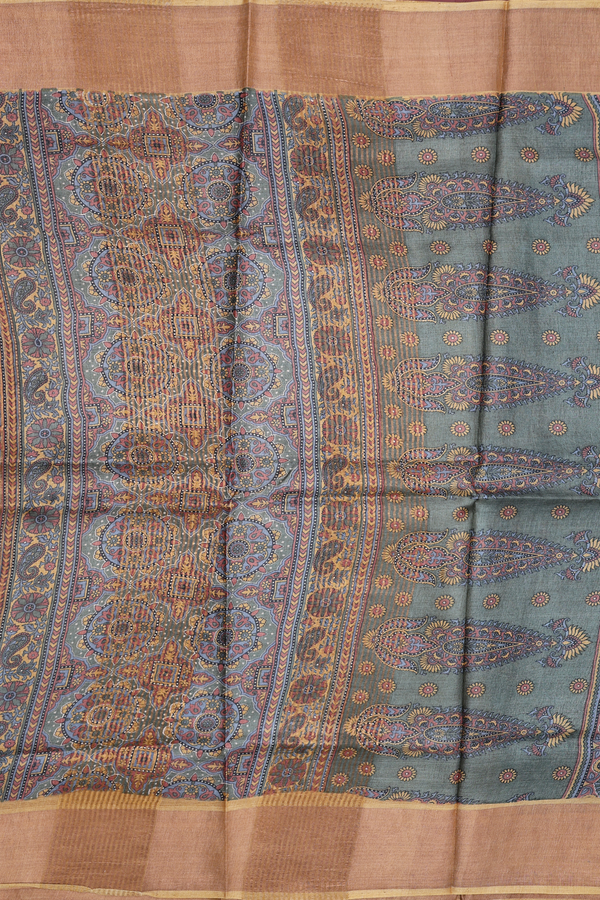 Tussar Silk Saree In Green And Grey Printed Design