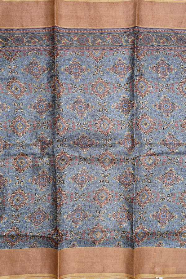 Tussar Silk Saree In Green And Grey Printed Design