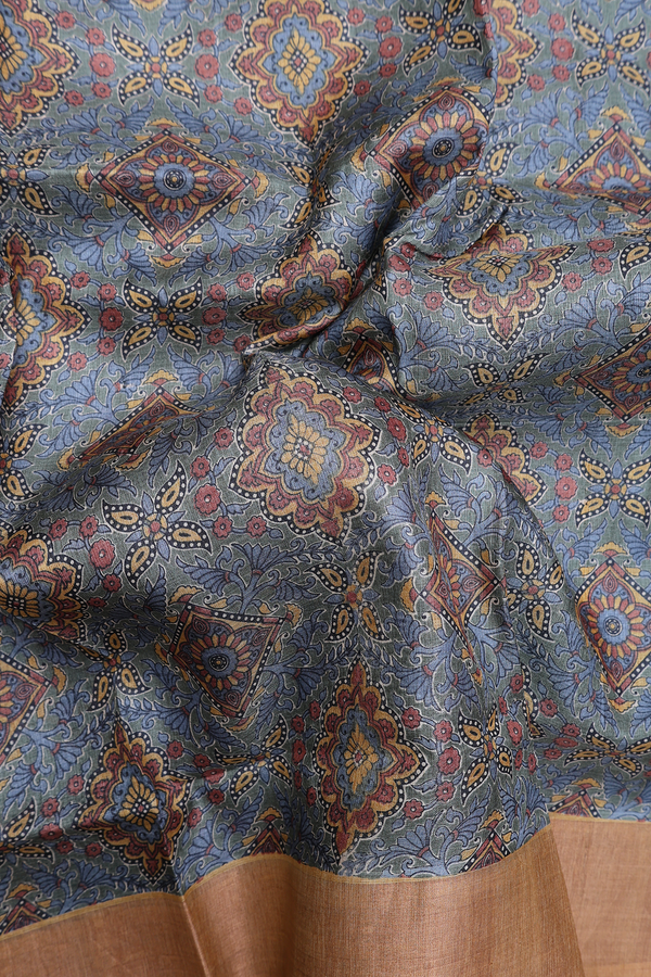 Tussar Silk Saree In Green And Grey Printed Design