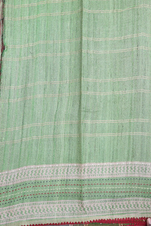 Tussar Silk Saree In Green With Checks Design