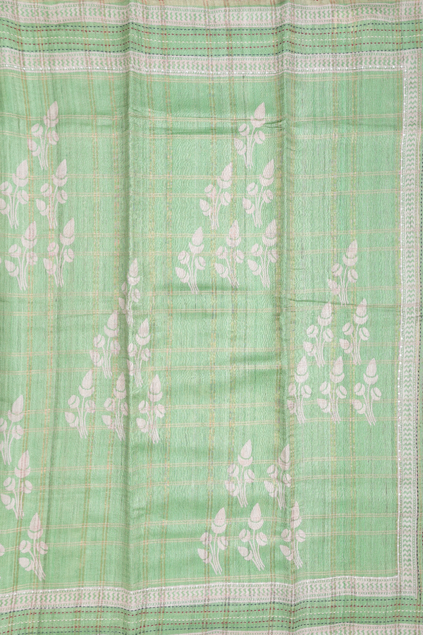 Tussar Silk Saree In Green With Checks Design