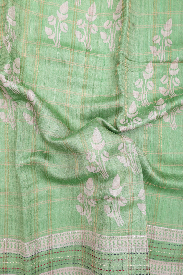 Tussar Silk Saree In Green With Checks Design