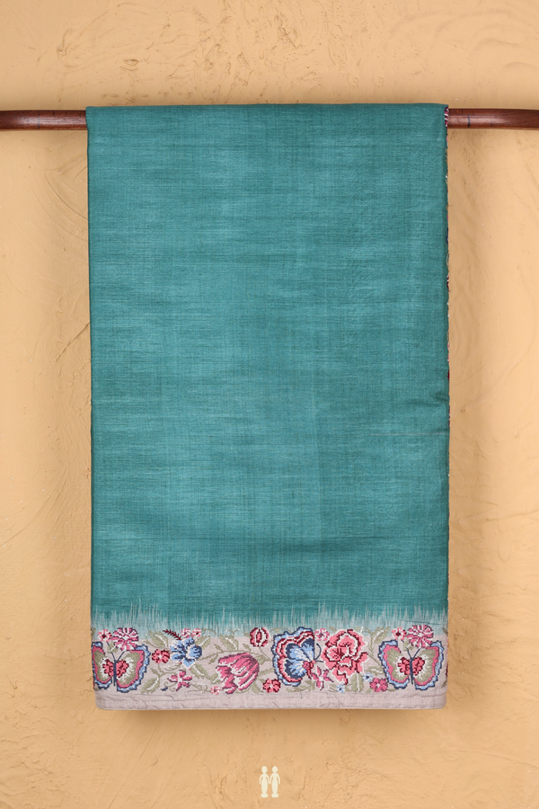 Tussar Silk Saree In Green With Contrast Border