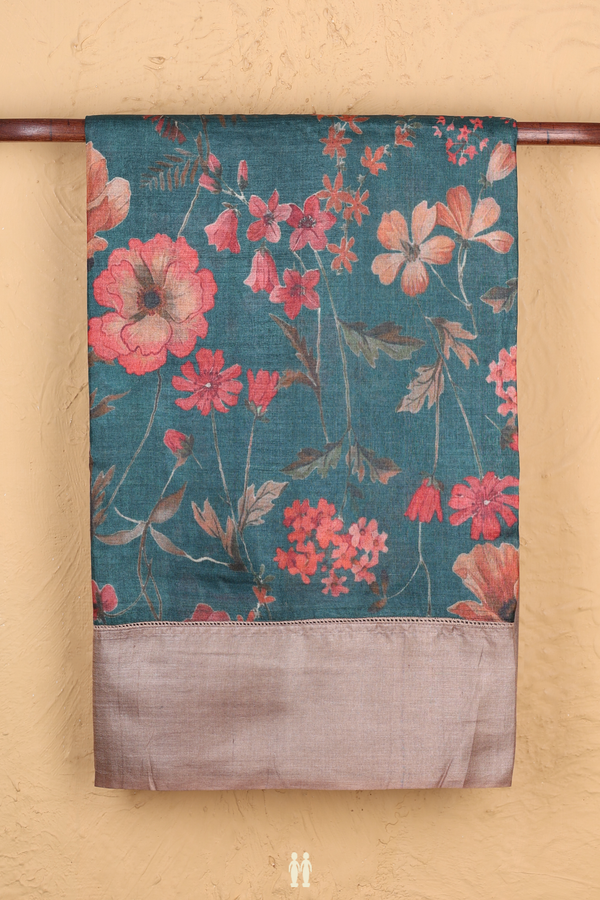 Tussar Silk Saree In Green With Floral Design