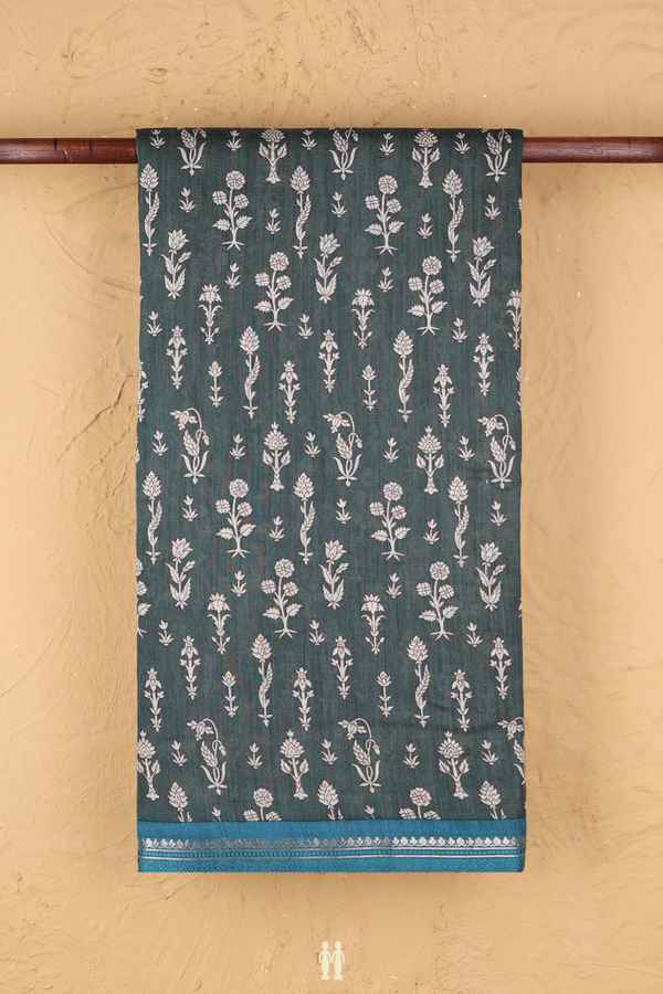 Tussar Silk Saree In Green With Floral Design