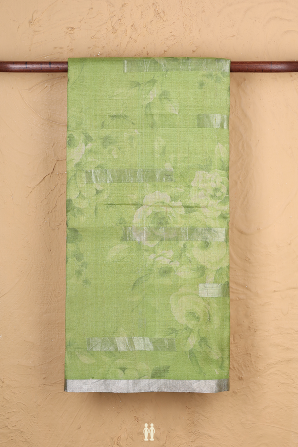 Tussar Silk Saree In Green With Floral Design