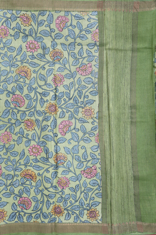 Tussar Silk Saree In Green With Floral Design