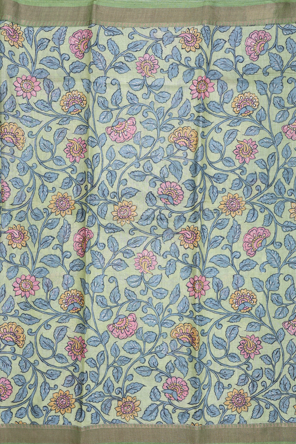 Tussar Silk Saree In Green With Floral Design