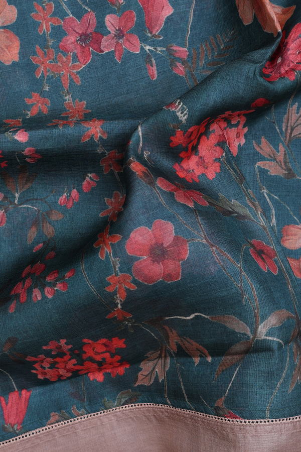Tussar Silk Saree In Green With Floral Design