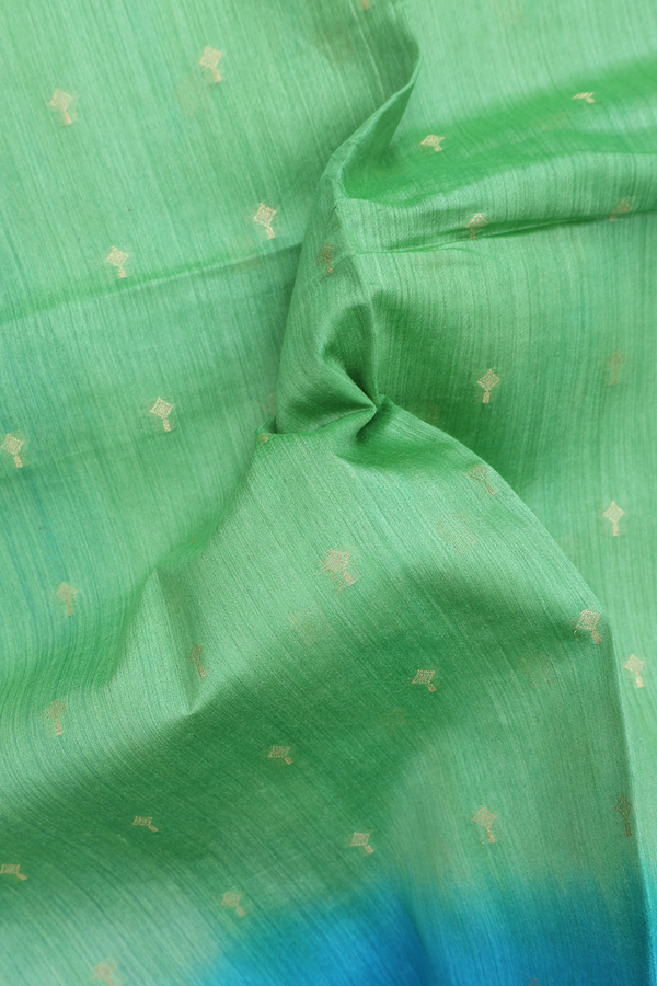 Tussar Silk Saree In Green With Zari Buttas