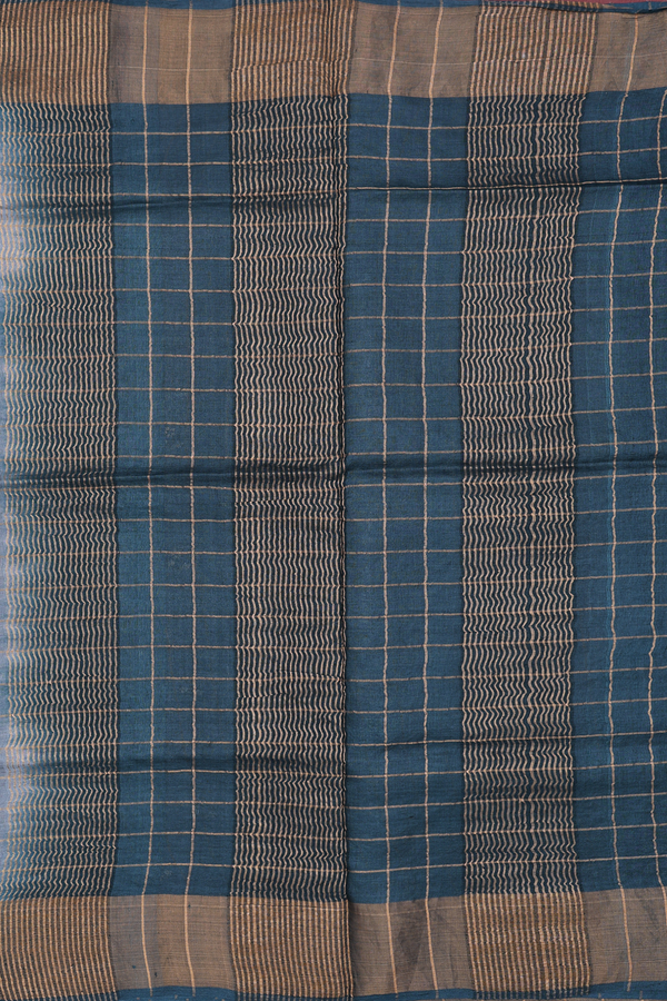 Tussar Silk Saree In Greenish Grey With Checks Design
