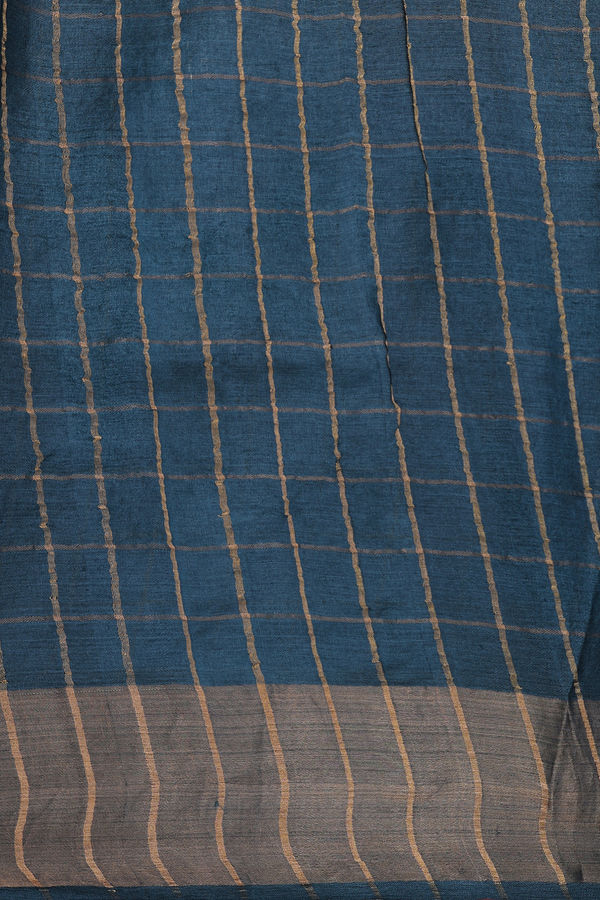 Tussar Silk Saree In Greenish Grey With Checks Design
