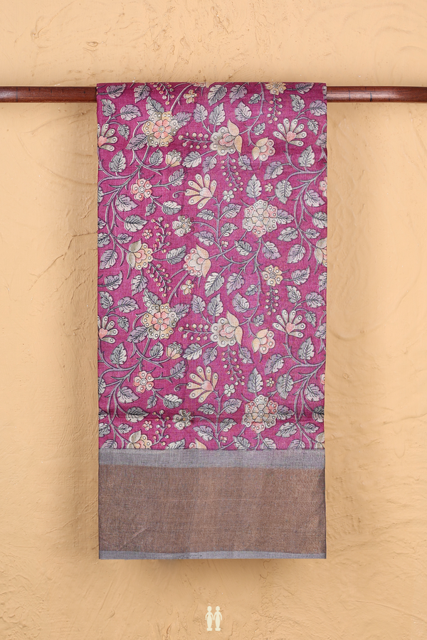 Tussar Silk Saree In Grape Purple With Floral Design