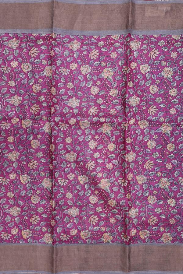 Tussar Silk Saree In Grape Purple With Floral Design