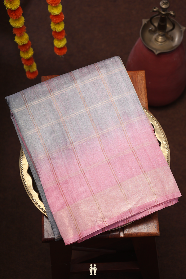 Tussar Silk Saree In Grey With Checks Design